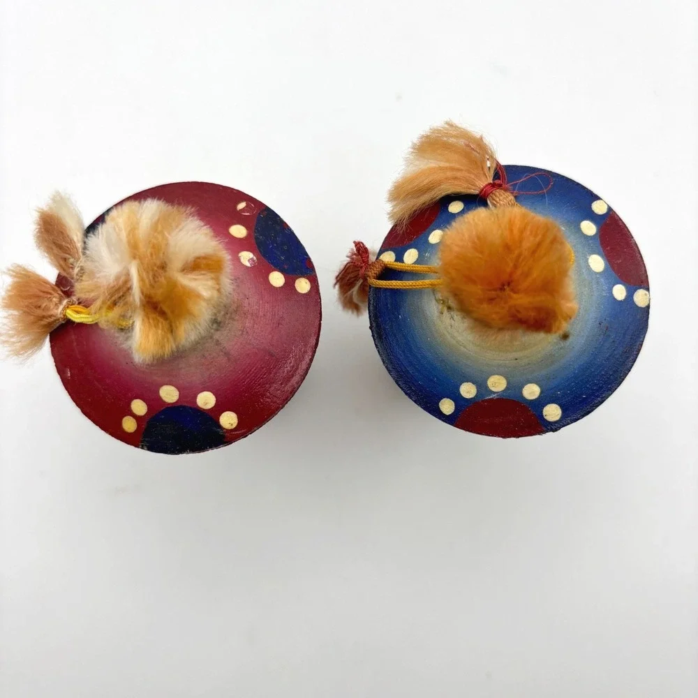 Vintage Hand Painted Wooden Kokeshi Style Dolls Set of 2 Red Blue Tassels